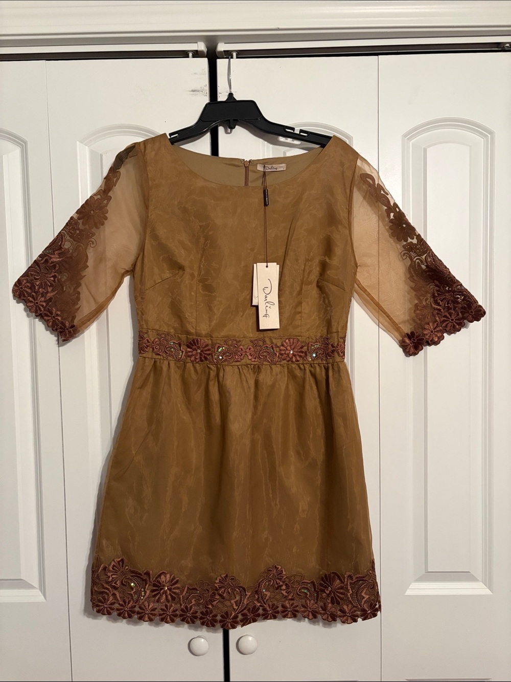 Darling Tan Dress with Brown Floral Trim